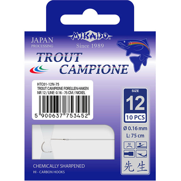 Крючки с поводками Mikado TROUT CAMPIONE № 4 NI / 0.25 мм. / 200 см. ( 10 шт.)